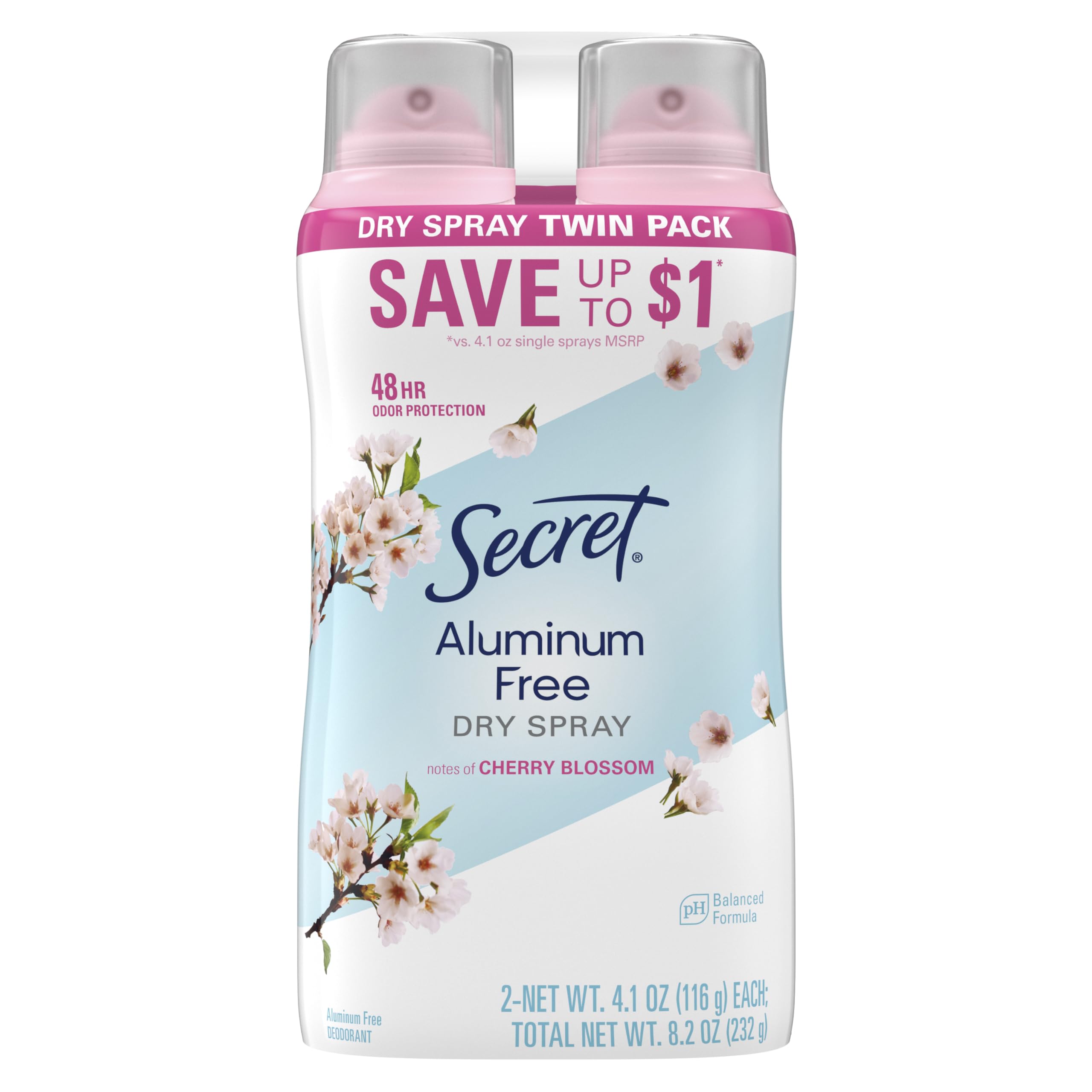 Secret Dry Spray Aluminum Free Deodorant for Women, 48hr Weightless Odor Protection, Gentle on Skin, Cherry Blossom Scent, 4.1 oz (Pack of 2)